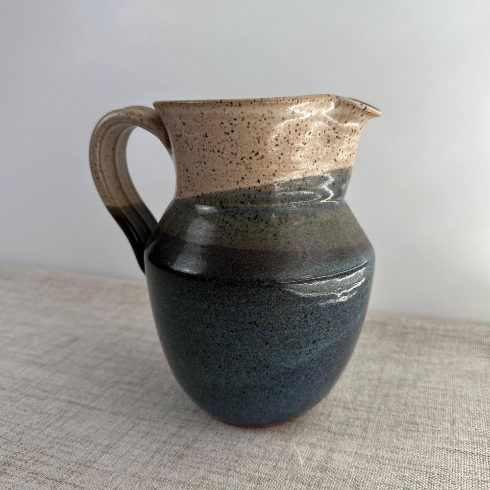 Vintage 1984 Signed Wheeler Studio Pottery Pitcher Blue Stoneware Jug